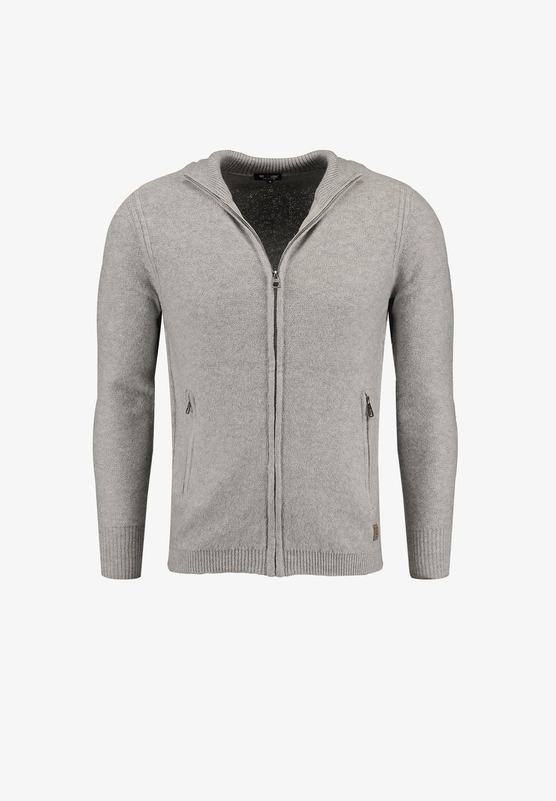 Lichtgrijze ritscardigan van zacht breimateriaal, met een capuchon, twee zijzakken, geribde manchetten en een gestructureerde binnenvoering.