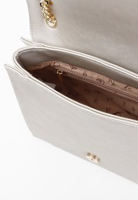 Borsa a mano metallica argento con una texture liscia, dotata di una tracolla in oro, una tasca con zip all'interno e una fodera in tessuto decorato.