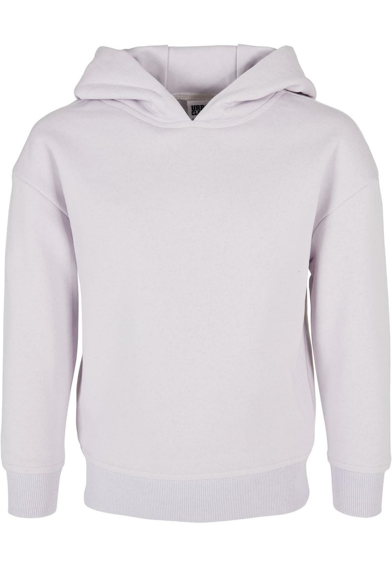 Sudadera de color púrpura claro con capucha ajustable con cordón, puños acanalados y dobladillo inferior. Fabricada con un tejido suave y texturizado, adecuado para el uso diario.