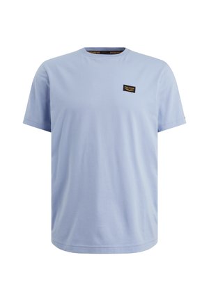 Lichtblauw T-shirt met korte mouwen gemaakt van katoen, met een ronde halslijn en een klein zwart label op het linkerborstgebied.