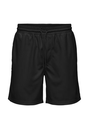 Black shorts made of lightweight fabric with a ribbed texture, elastic waistband, and adjustable drawstring at the front.