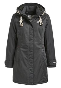 Manteau d'hiver long noir matelassé avec capuche, cordons blancs, fermeture éclair et boutons, et deux poches avant.