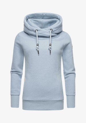Sweat-shirt à capuche bleu clair avec un col cheminée, des manches longues, des poignets côtelés et des cordons ajustables avec des accents métalliques. Texture de tissu doux.