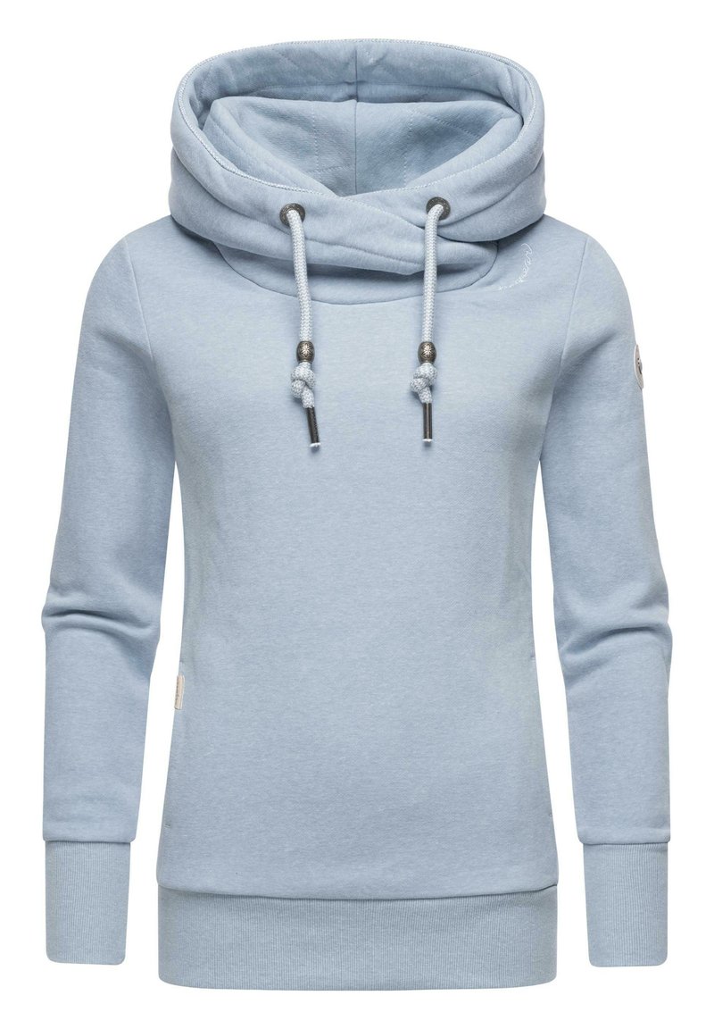 Felpa con cappuccio di colore azzurro chiaro, con collo a cowl, maniche lunghe, polsini a coste e lacci regolabili con dettagli in metallo. Tessuto morbido al tatto.