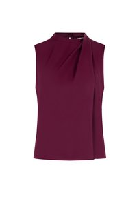 Top senza maniche color bordeaux con collo alto e dettaglio drappeggiato davanti, realizzato in tessuto liscio. Design semplice senza ulteriori decorazioni.