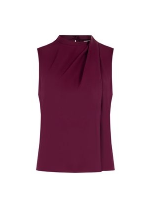 Top senza maniche color bordeaux con collo alto e dettaglio drappeggiato davanti, realizzato in tessuto liscio. Design semplice senza ulteriori decorazioni.