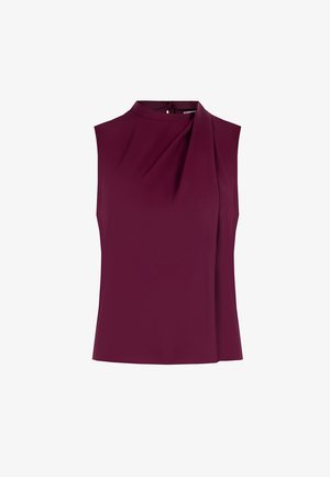 Burgunderfarbener ärmelloser Top mit hohem Hals und drapiertem Vorderteil, aus glattem Stoff gefertigt. Einfaches Design ohne zusätzliche Verzierungen.