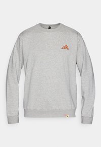 Grijze pullover sweatshirt met lange mouwen, ronde hals, oranje bergafbeelding op de borst en klein logo-label aan de zoom.