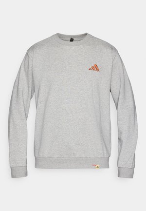 Grijze pullover sweatshirt met lange mouwen, ronde hals, oranje bergafbeelding op de borst en klein logo-label aan de zoom.