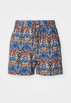 Šortai z vzorcem z elastičnim pasom. Imajo živahne modre, rdeče in rjave vzorce na svetli tkanini.