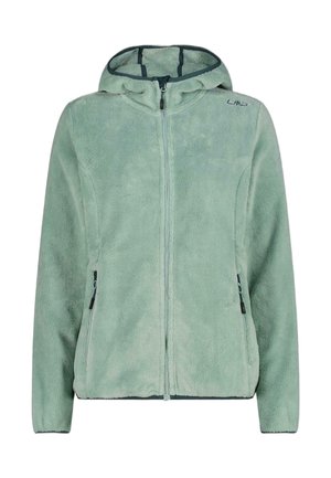Lichtgroene fleece jas met rits, capuchon en ritssluitingen aan de zijkant, met het merklogo op het bovenste linkerborstgedeelte.