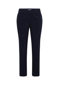 Pantaloni blu navy con vita elastica, due tasche laterali con zip e design frontale piatto. Tessuto liscio con un leggero lucido e vestibilità sagomata.