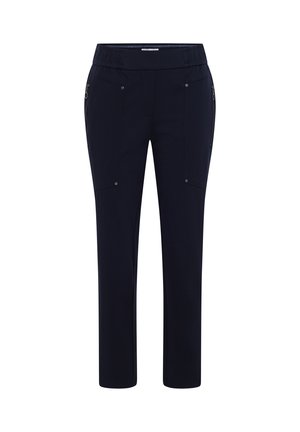 Pantalon bleu marine avec une taille élastique, deux poches zippées sur les côtés et un design à l'avant plat. Tissu lisse avec un éclat subtil et coupe ajustée.