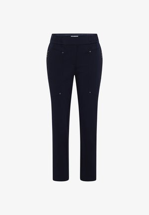 Pantalon bleu marine avec une taille élastique, deux poches zippées sur les côtés et un design à l'avant plat. Tissu lisse avec un éclat subtil et coupe ajustée.