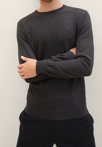 Jersey de cuello redondo color gris oscuro, hecho de un material de punto liso, con puños y dobladillo acanalados, y un pequeño detalle de logo en el pecho.