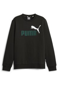 Felpa nera con logo "PUMA" verde e silhouette di puma bianca. Maniche lunghe con polsini a costine e colletto rotondo. Texture liscia.