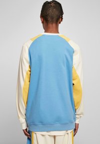 Person med flätat hår som bär en ljusblå, krämfärgad och gul färgblockerad sweatshirt, vänd bort från kameran mot en enkel grå bakgrund.