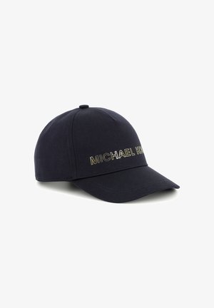 Marineblauwe baseballcap van katoen met een gebogen rand en een geborduurd gouden logo aan de voorkant. Zes-panelen ontwerp met ventilatiegaten.