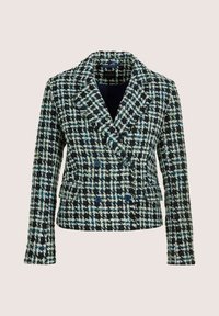 Doppelreihige Damenblazer mit schwarz-weißer und blauer karierten Muster und Fransenverzierung entlang des Revers.