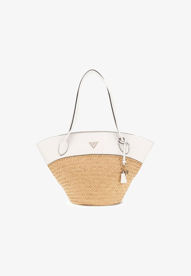 Borsa a rete in paglia con forma affusolata, parte superiore in finta pelle bianca, rifiniture nere e un ciondolo decorativo a frange. Presenta una placca con il logo.