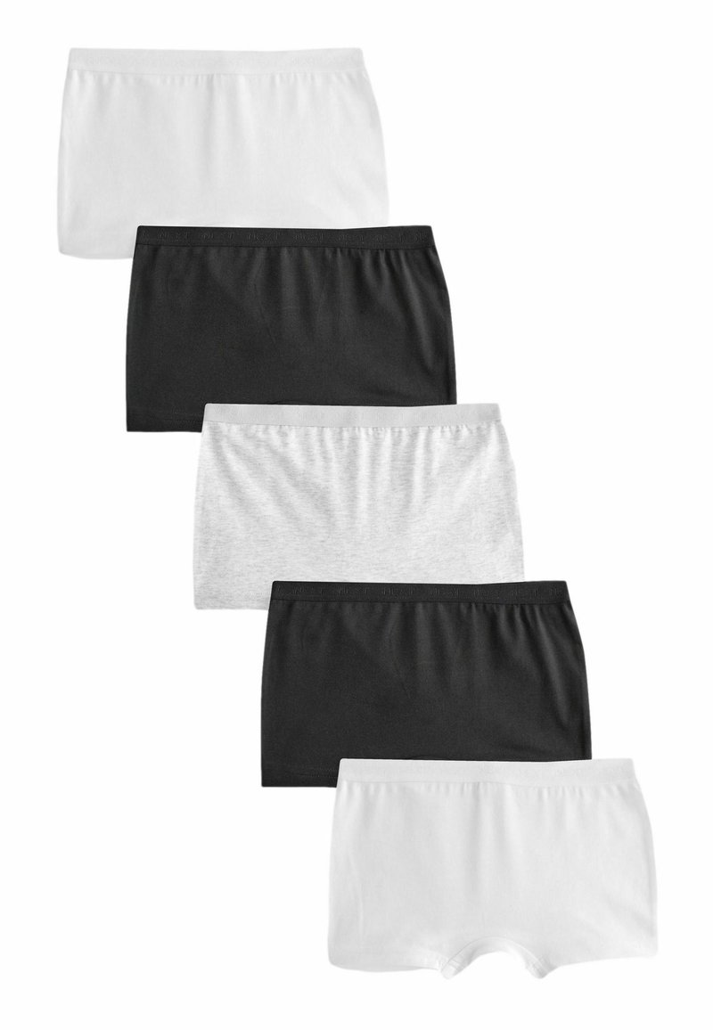 Fünf Paare aus Baumwoll-Boxershorts in Weiß, Grau und Schwarz. Mit einem weichen, elastischen Bund und glatter Textur ohne Muster.