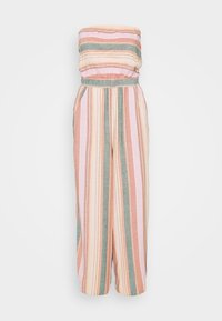 Mono de rayas con un diseño sin tirantes, en colores pasteles de rosa, verde y beige. De corte holgado con cintura elástica y bolsillos.