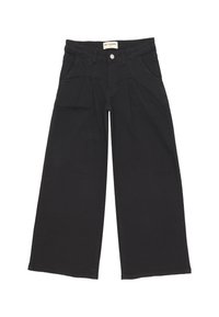 Pantaloni neri a gamba larga realizzati in tessuto misto cotone, caratterizzati da una vita alta, pieghe frontali e un classico design a cinque tasche.