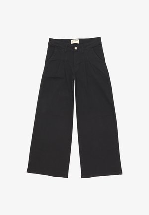 Pantaloni neri a gamba larga realizzati in tessuto misto cotone, caratterizzati da una vita alta, pieghe frontali e un classico design a cinque tasche.