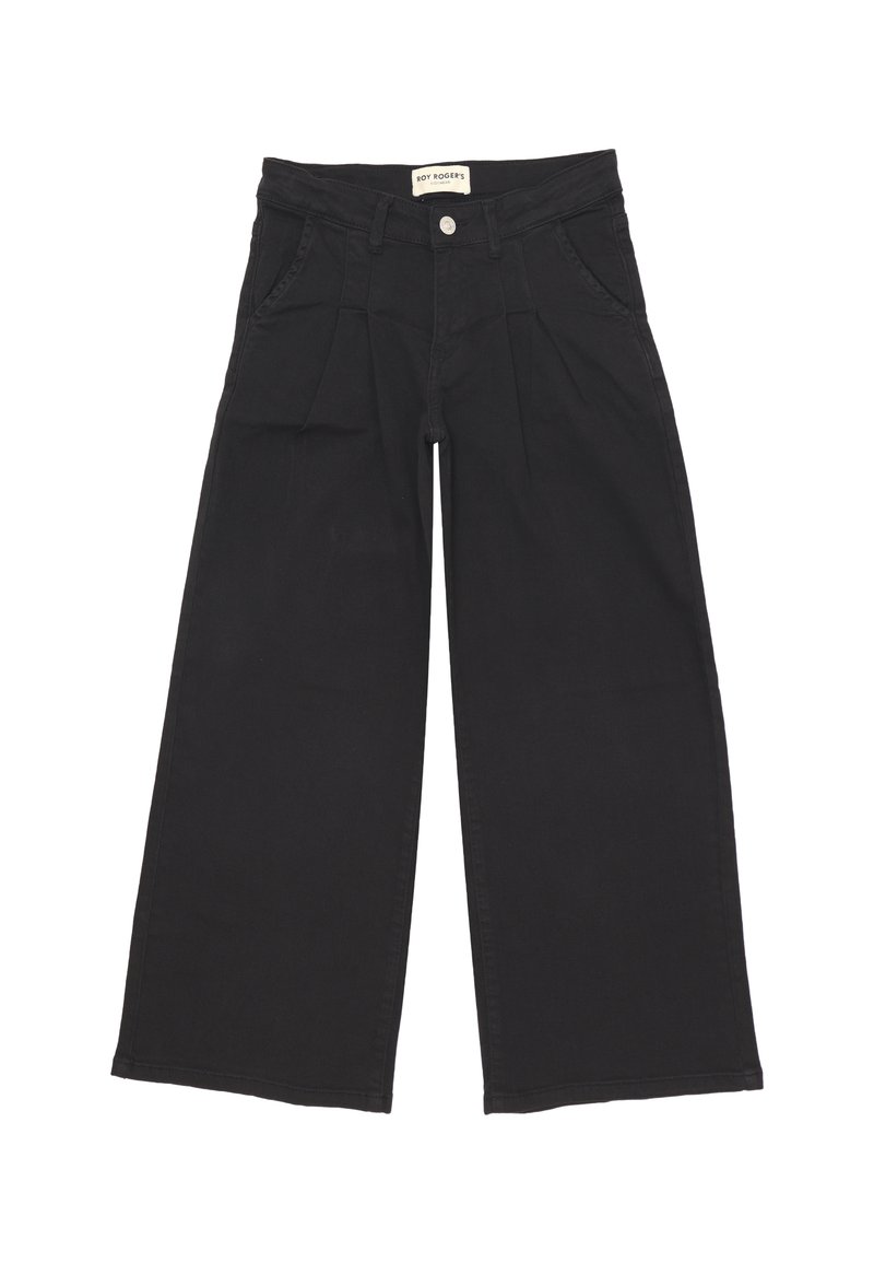 Pantaloni neri a gamba larga realizzati in tessuto misto cotone, caratterizzati da una vita alta, pieghe frontali e un classico design a cinque tasche.