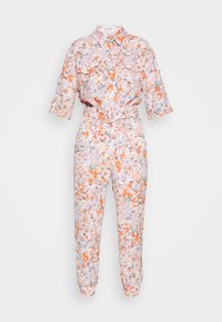 Mono floral en tonos rosa, naranja y verde. Presenta mangas cortas, dos bolsillos en el pecho, una cintura con cinturón y puños elásticos.