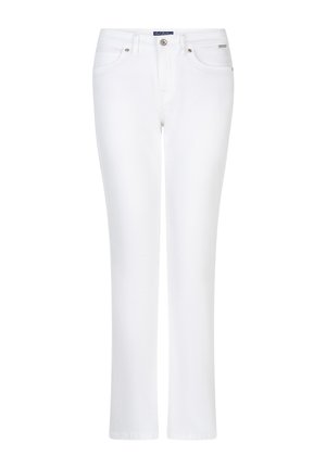 Hvide jeans med lige ben, forrest med knappelukning og lynlås, bæltestropper og fem lommer.