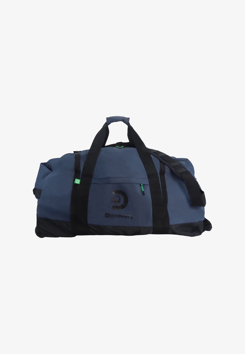 Marinefarbener Duffle Bag mit schwarzen Akzenten, doppelten Griffen, verstellbarem Schultergurt und einer Fronttasche. Mit einem Logo und grünen Reißverschlussdetails.