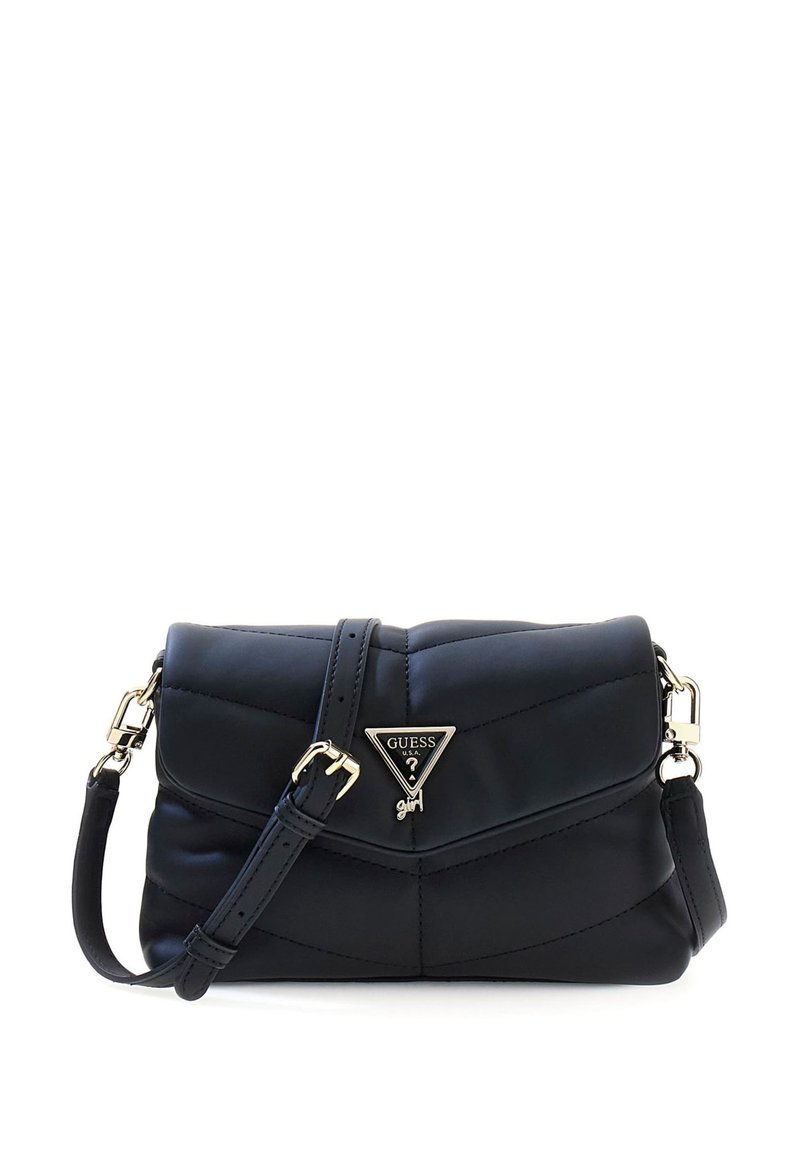 Borsa a spalla nera trapuntata con hardware a logo dorato in forma triangolare; presenta una tracolla rimovibile e una texture liscia.