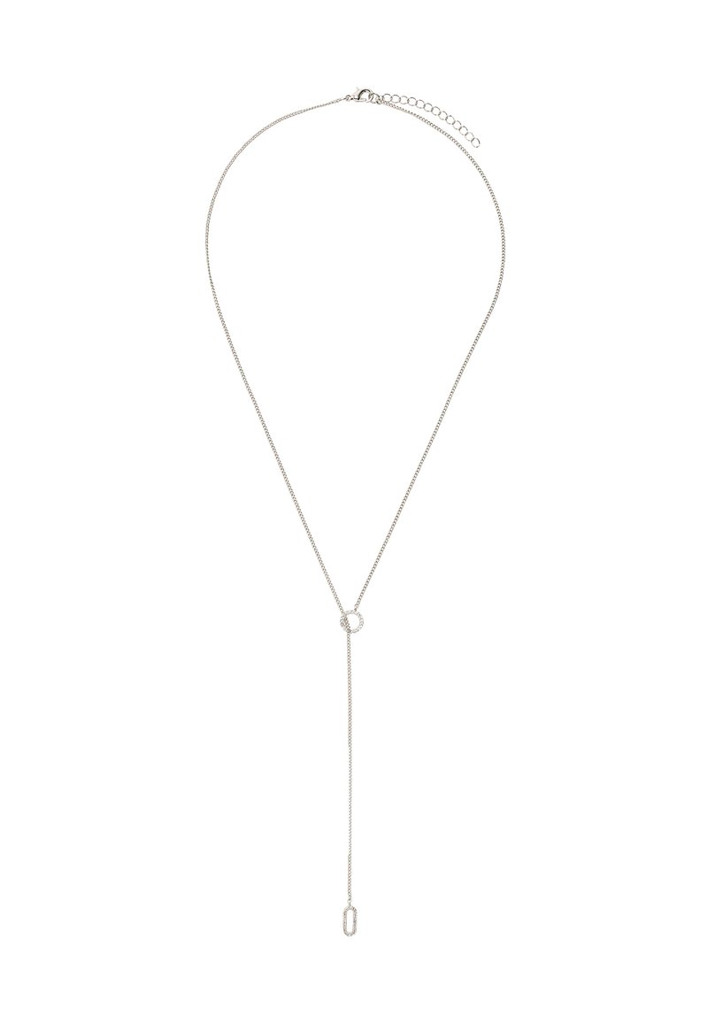 Naszyjnik w srebrnym odcieniu z okrągłym i owalnym wisiorkiem. Posiada długi łańcuszek i regulowany zamek do zmiany długości.