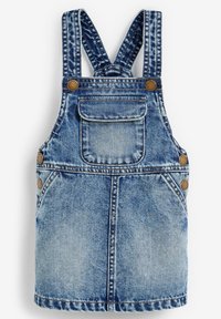 Vaaleansininen farkkukankainen haalariasu, jossa on säädettävät olkaimet, etutasku ja ruskeat nappikoristeet. Kuluneen näköinen pinta.