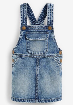 Jeansoverallklänning i ljusblått, med justerbara axelremmar, framficka och bruna knappdetaljer. Sliten textur.