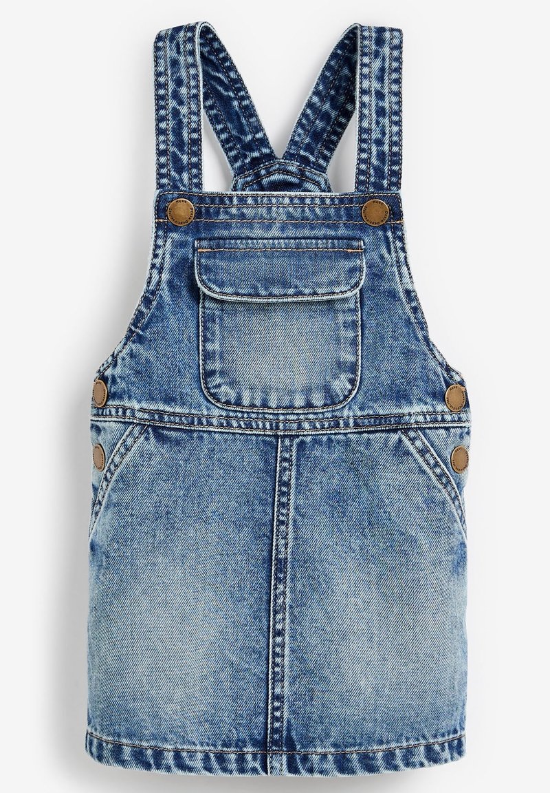 Vaaleansininen farkkukankainen haalariasu, jossa on säädettävät olkaimet, etutasku ja ruskeat nappikoristeet. Kuluneen näköinen pinta.