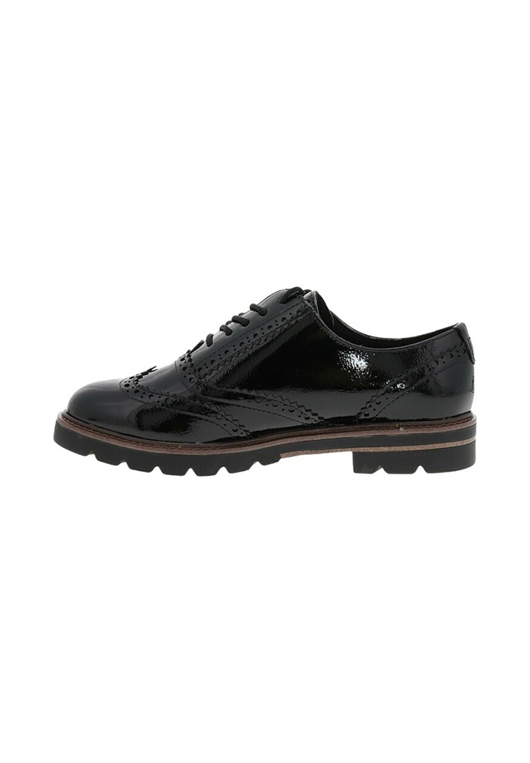 Black patent leather oxford shoe with brogue detailing, round toe, and a chunky rubber sole; features decorative stitching and lace-up closure.