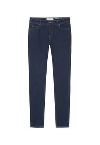 Marineblauwe slim-fit jeans met een klassiek vijf-pocket ontwerp, gemaakt van denim met een gladde textuur en subtiele stikseldetails.