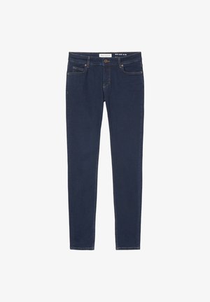 Marineblaue Slim-Fit-Jeans mit klassischem Five-Pocket-Design, gefertigt aus Denim mit glatter Textur und dezenten Nähten.