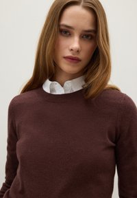 Maglione marrone scuro a girocollo realizzato in un tessuto morbido, indossato sopra una camicia bianca con colletto. Texture liscia con maniche e corpino aderenti.