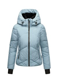 Light blue padded jacket with a high collar, zippered front, two side pockets, black accents at cuffs, and diagonal stitching details.