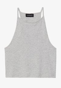 Sivý crop top vyrobený z mäkkej textílie, so vysokým výstrihom, tenkými ramienkami a čistým dizajnom bez vzorov alebo ozdôb.