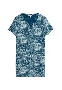 Vestido de manga corta con escote en V, con un patrón botánico en tonos verde azulado y azul claro. Confeccionado en una tela ligera y de corte holgado.