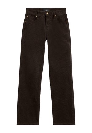 Bruine corduroy broek met een rechte pasvorm, voorzien van goudkleurige knopen, vijf zakken en een zachte, gestructureerde afwerking.