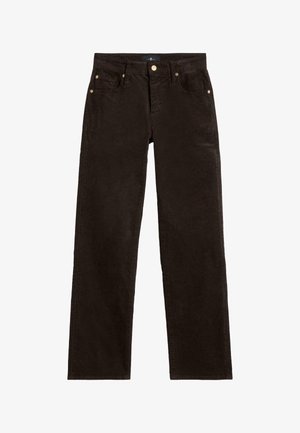 Pantaloni in corduroy marrone con design a gamba dritta, dotati di bottoni dorati, cinque tasche e una finitura morbida e testurizzata.