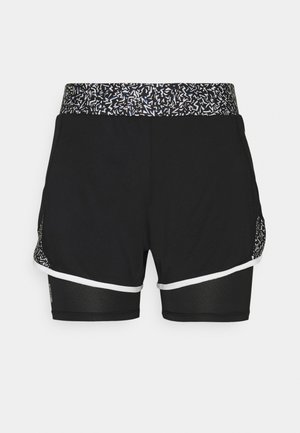 Zwarte sportshorts met ingebouwde compressietights en een patroonband met witte en blauwe abstracte vormen.
