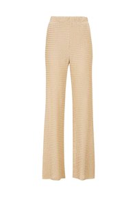 Beige weit geschnittene Hose mit elastischem Bund und strukturiertem Strickmuster, geeignet für Freizeit- oder Lounge-Bekleidung.