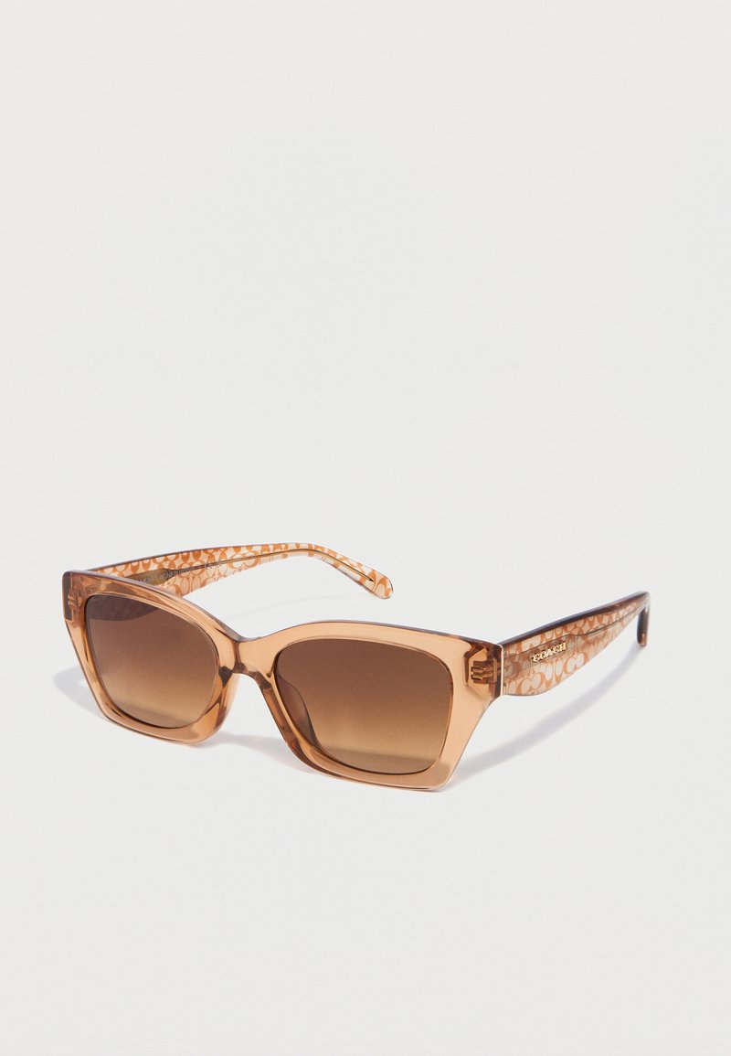 Καφέ διάφανα ορθογώνια γυαλιά ηλίου με φακούς με βαθμιαία μετάβαση και διακοσμητικούς βραχίονες με σχέδιο και λογότυπο στον κροτάφο.