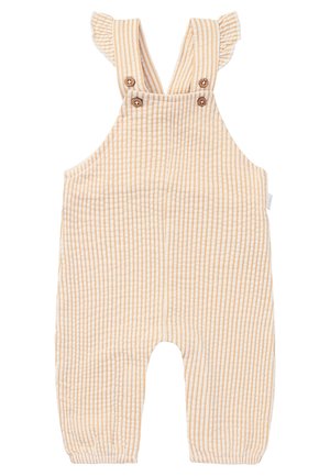 Beige-weiße Baby-Latzhosen mit Streifen, Rüschen-Schulterträgern, Holzknöpfen und elastischen Knöchelbündchen.